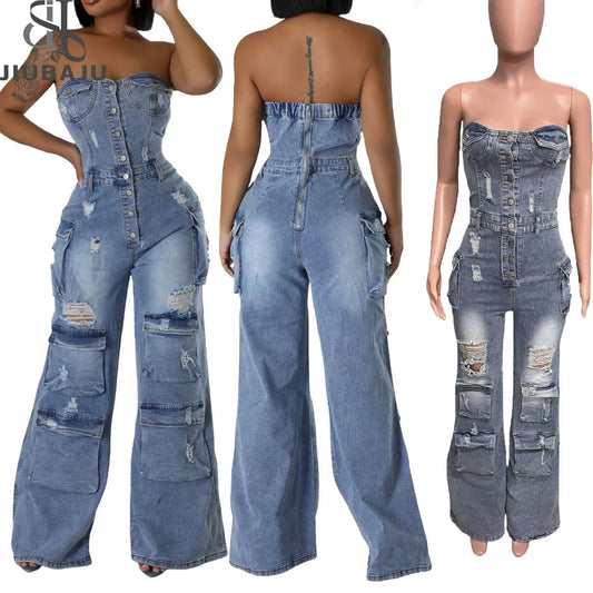 Women Fashion Overall Street Style Stretchy Blue Denim Strapless 2024 Loose Ripped One Piece Jean Cargo Jumpsuit
