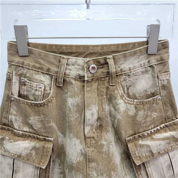 Women Fashion Pockets Washed Denim Slim A-line Mini Skirt 2024 Street Female Casual Jeans Cargo Skirts