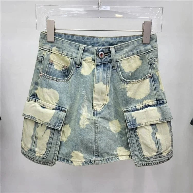 Women Fashion Pockets Washed Denim Slim A-line Mini Skirt 2024 Street Female Casual Jeans Cargo Skirts