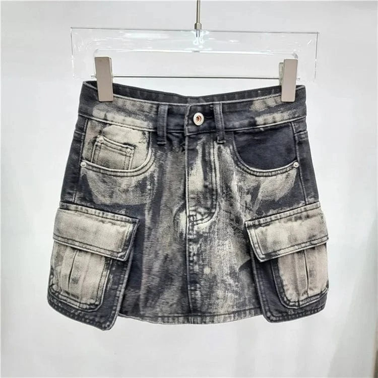 Women Fashion Pockets Washed Denim Slim A-line Mini Skirt 2024 Street Female Casual Jeans Cargo Skirts