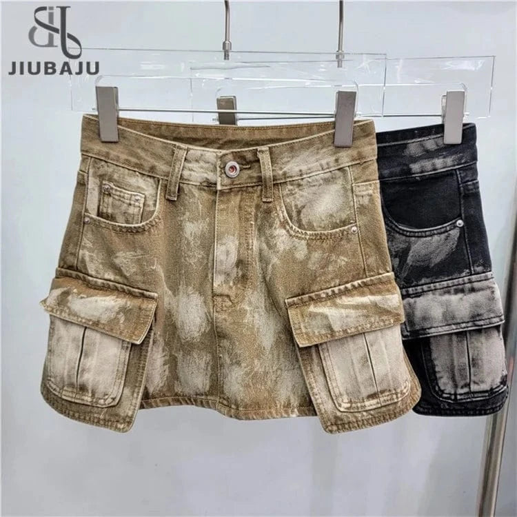 Women Fashion Pockets Washed Denim Slim A-line Mini Skirt 2024 Street Female Casual Jeans Cargo Skirts