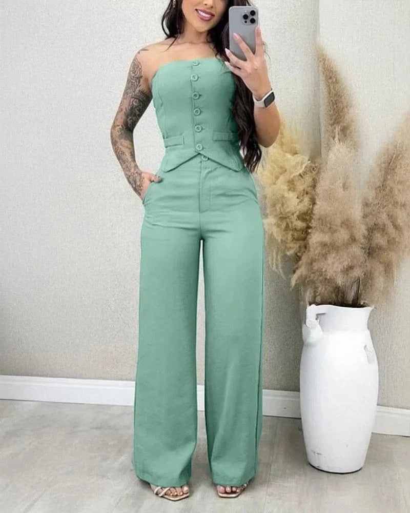 Women Fashion Sexy Summer 2 Pieces Outfit Bandeau Button Decor Vest Top & Casual Wide Leg Pants Set