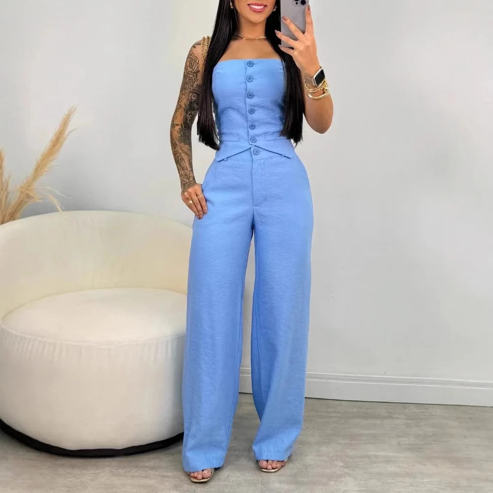 Women Fashion Sexy Summer 2 Pieces Outfit Bandeau Button Decor Vest Top & Casual Wide Leg Pants Set