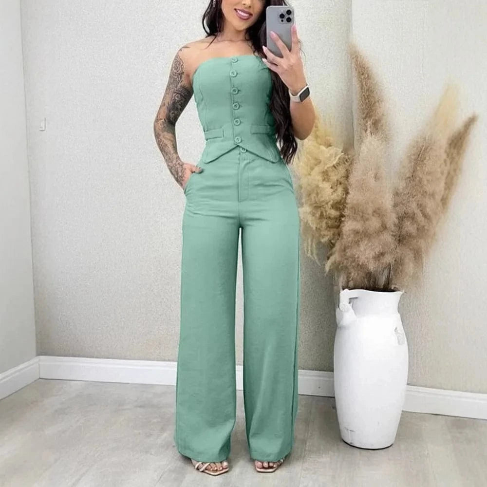 Women Fashion Sexy Summer 2 Pieces Outfit Bandeau Button Decor Vest Top & Casual Wide Leg Pants Set