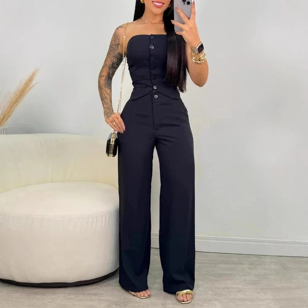 Women Fashion Sexy Summer 2 Pieces Outfit Bandeau Button Decor Vest Top & Casual Wide Leg Pants Set