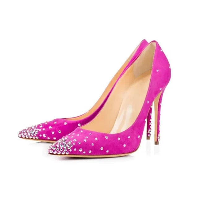 women fashion suede pointed toe rivet studied high heel pumps stiletto slip on for wedding party