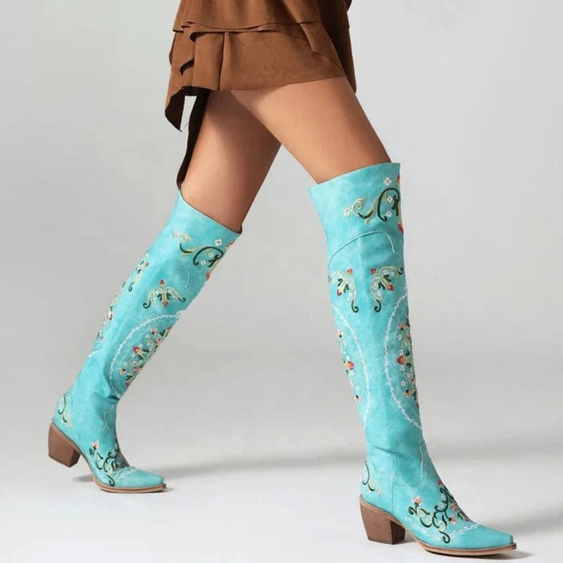 Women Floral Embroidered Over Knee High Boots Ladies Low 6cm Wedge Heels Shoes Pointed toe Flower Long Booties