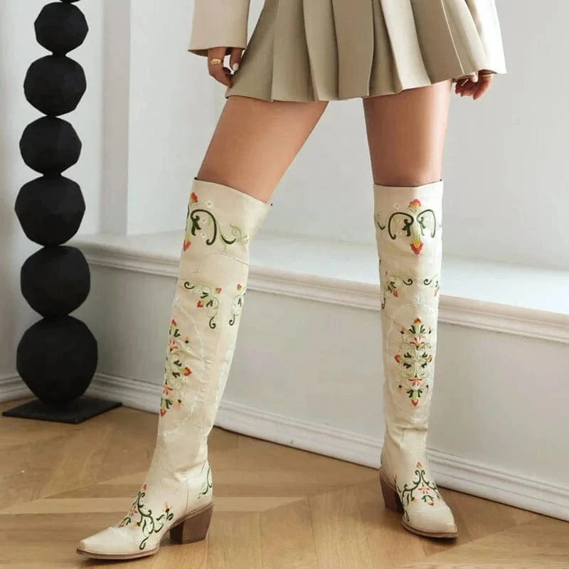 Women Floral Embroidered Over Knee High Boots Ladies Low 6cm Wedge Heels Shoes Pointed toe Flower Long Booties
