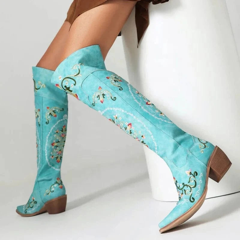 Women Floral Embroidered Over Knee High Boots Ladies Low 6cm Wedge Heels Shoes Pointed toe Flower Long Booties