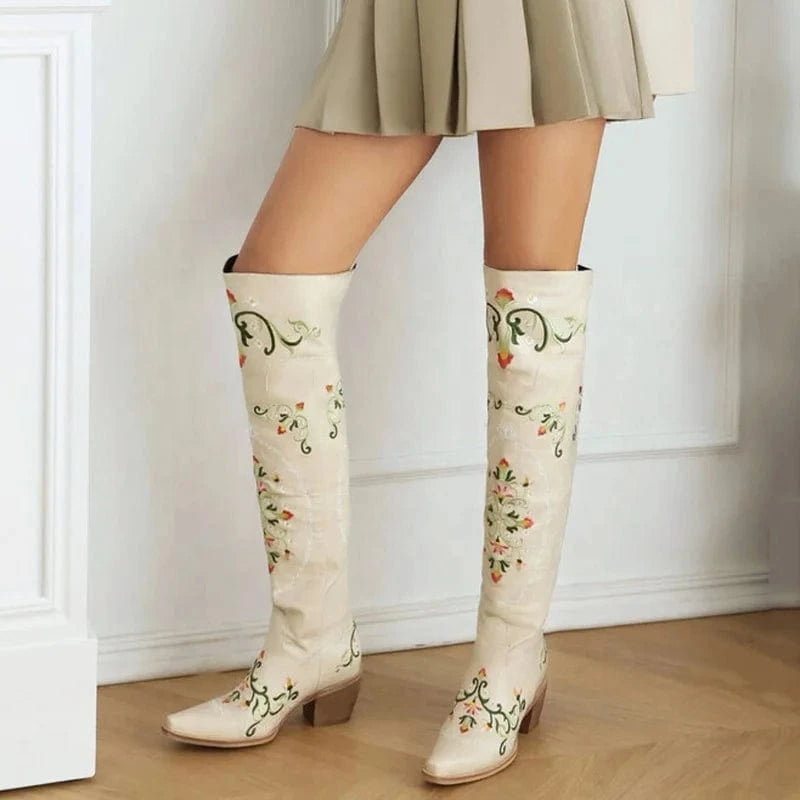Women Floral Embroidered Over Knee High Boots Ladies Low 6cm Wedge Heels Shoes Pointed toe Flower Long Booties