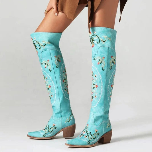 Women Floral Embroidered Over Knee High Boots Ladies Low 6cm Wedge Heels Shoes Pointed toe Flower Long Booties