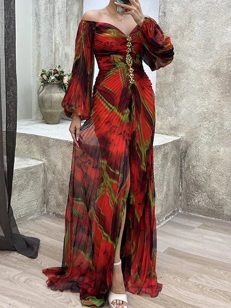 Women Folds Loungewear Holiday Dress, Spring Autumn Long Sleeve Sexy Zipper Maxi Dress, Print Fashion Elegant Ladies Party Dress - SN Wigs & More