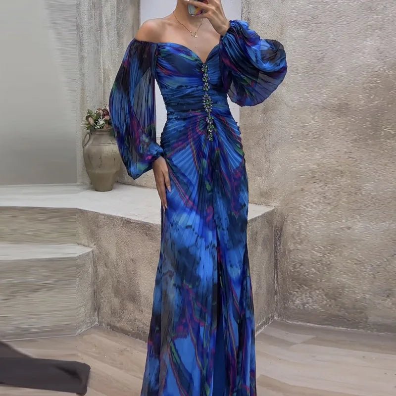 Women Folds Loungewear Holiday Dress, Spring Autumn Long Sleeve Sexy Zipper Maxi Dress, Print Fashion Elegant Ladies Party Dress - SN Wigs & More