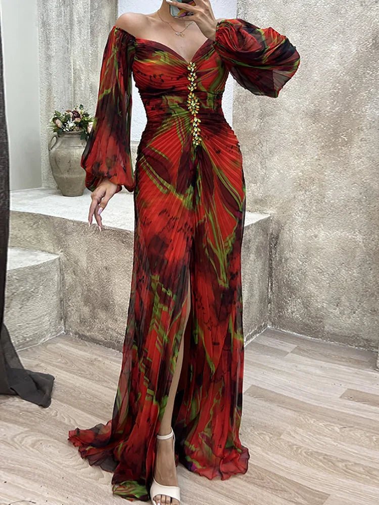Women Folds Loungewear Holiday Dress, Spring Autumn Long Sleeve Sexy Zipper Maxi Dress, Print Fashion Elegant Ladies Party Dress - SN Wigs & More