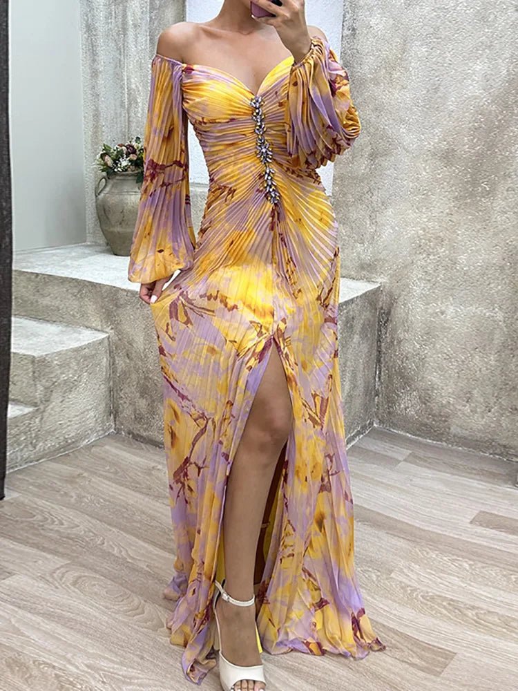 Women Folds Loungewear Holiday Dress, Spring Autumn Long Sleeve Sexy Zipper Maxi Dress, Print Fashion Elegant Ladies Party Dress - SN Wigs & More