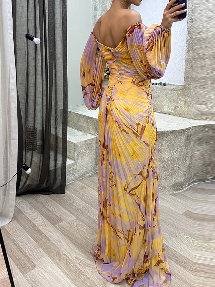 Women Folds Loungewear Holiday Dress, Spring Autumn Long Sleeve Sexy Zipper Maxi Dress, Print Fashion Elegant Ladies Party Dress - SN Wigs & More