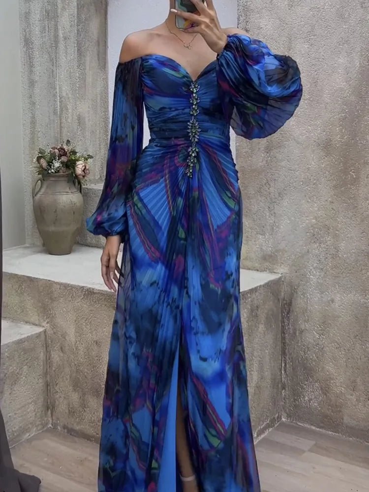 Women Folds Loungewear Holiday Dress, Spring Autumn Long Sleeve Sexy Zipper Maxi Dress, Print Fashion Elegant Ladies Party Dress - SN Wigs & More