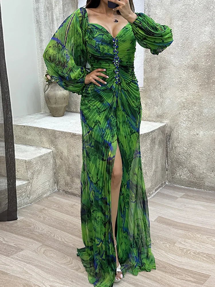 Women Folds Loungewear Holiday Dress, Spring Autumn Long Sleeve Sexy Zipper Maxi Dress, Print Fashion Elegant Ladies Party Dress - SN Wigs & More