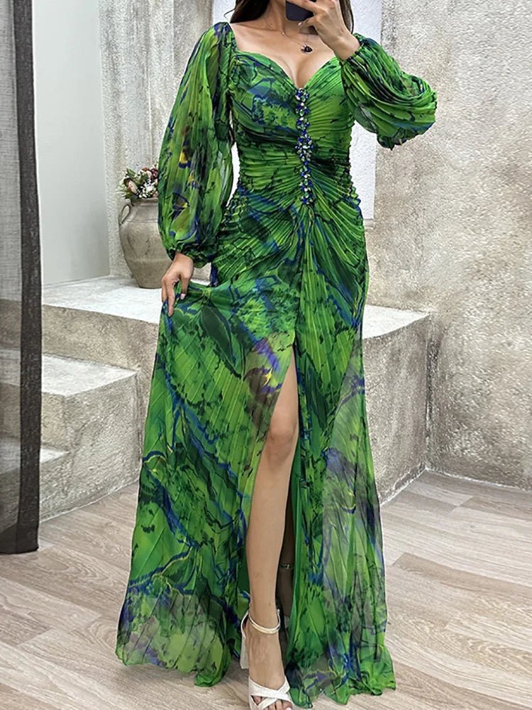 Women Folds Loungewear Holiday Dress, Spring Autumn Long Sleeve Sexy Zipper Maxi Dress, Print Fashion Elegant Ladies Party Dress - SN Wigs & More