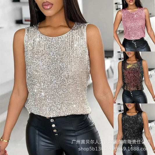 Women Glitter Sequin Round Neck Sleeveless Blouses Shirts Casual Sparkle Tank Top