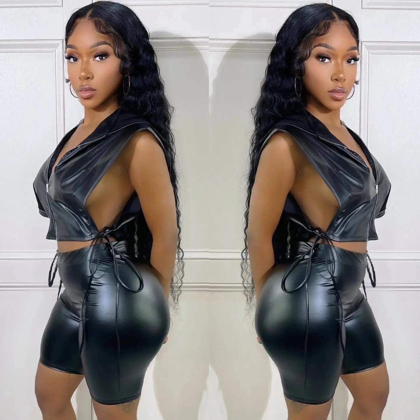 Women Going Out Outfits Ladies 2 Piece Summer Set Side Open Vest Top and PU Leather Shorts Set Quality 2 Piece Set Women