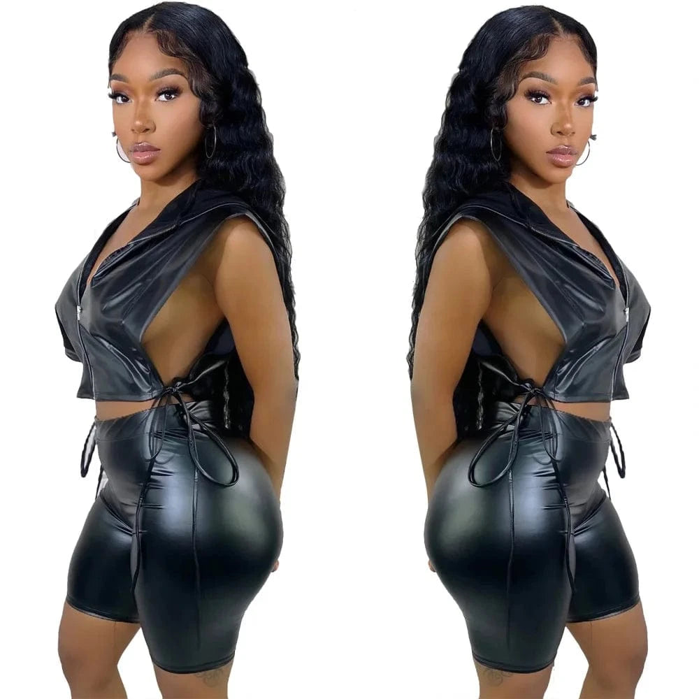 Women Going Out Outfits Ladies 2 Piece Summer Set Side Open Vest Top and PU Leather Shorts Set Quality 2 Piece Set Women