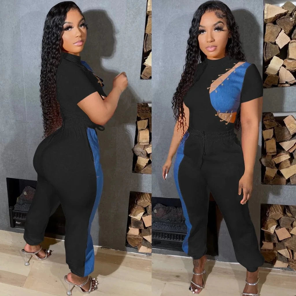 Women Going Out Outfits Spring Patchwork Jeans 2 Piece Pants Set Women Set Hollow Out Two  Piece Women