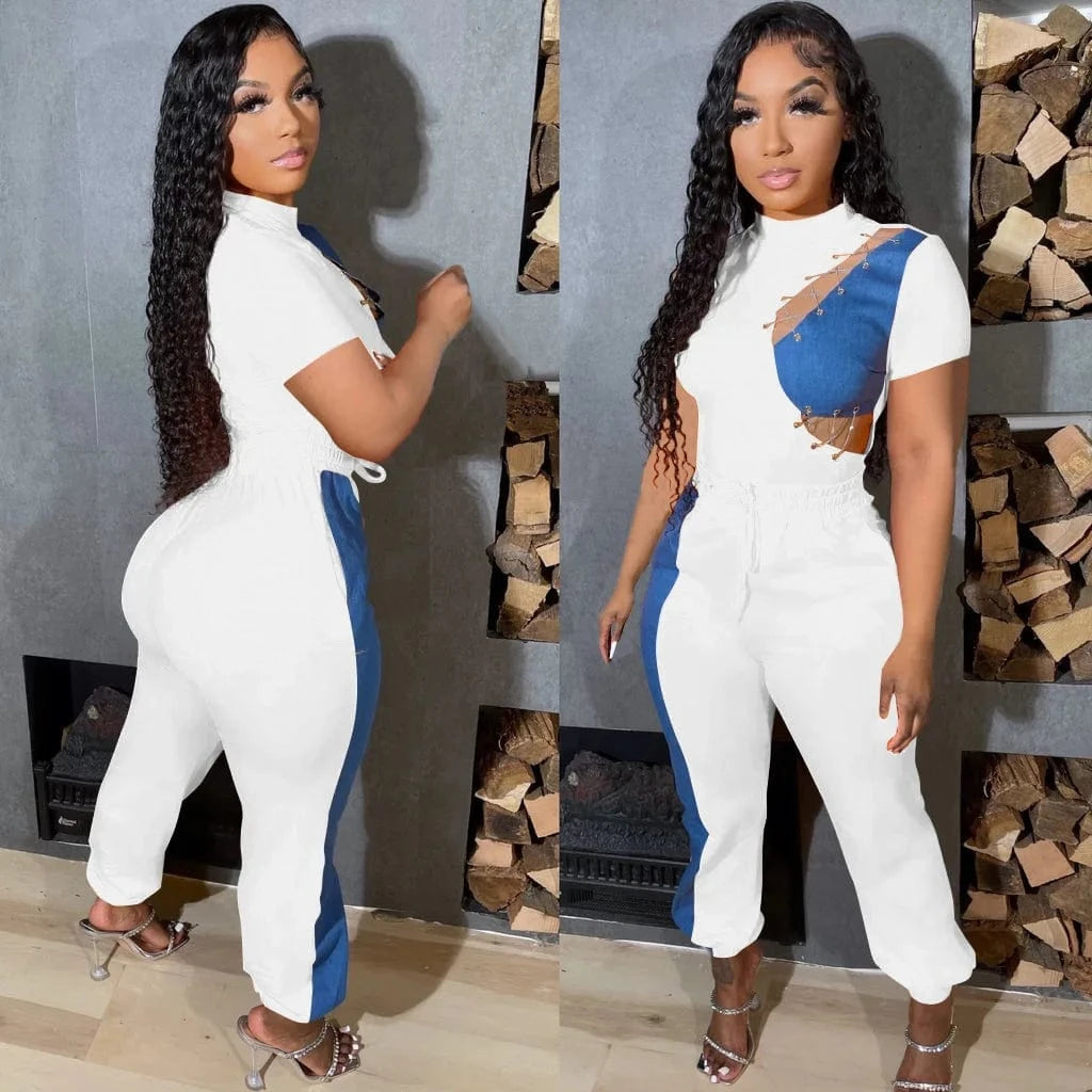 Women Going Out Outfits Spring Patchwork Jeans 2 Piece Pants Set Women Set Hollow Out Two  Piece Women