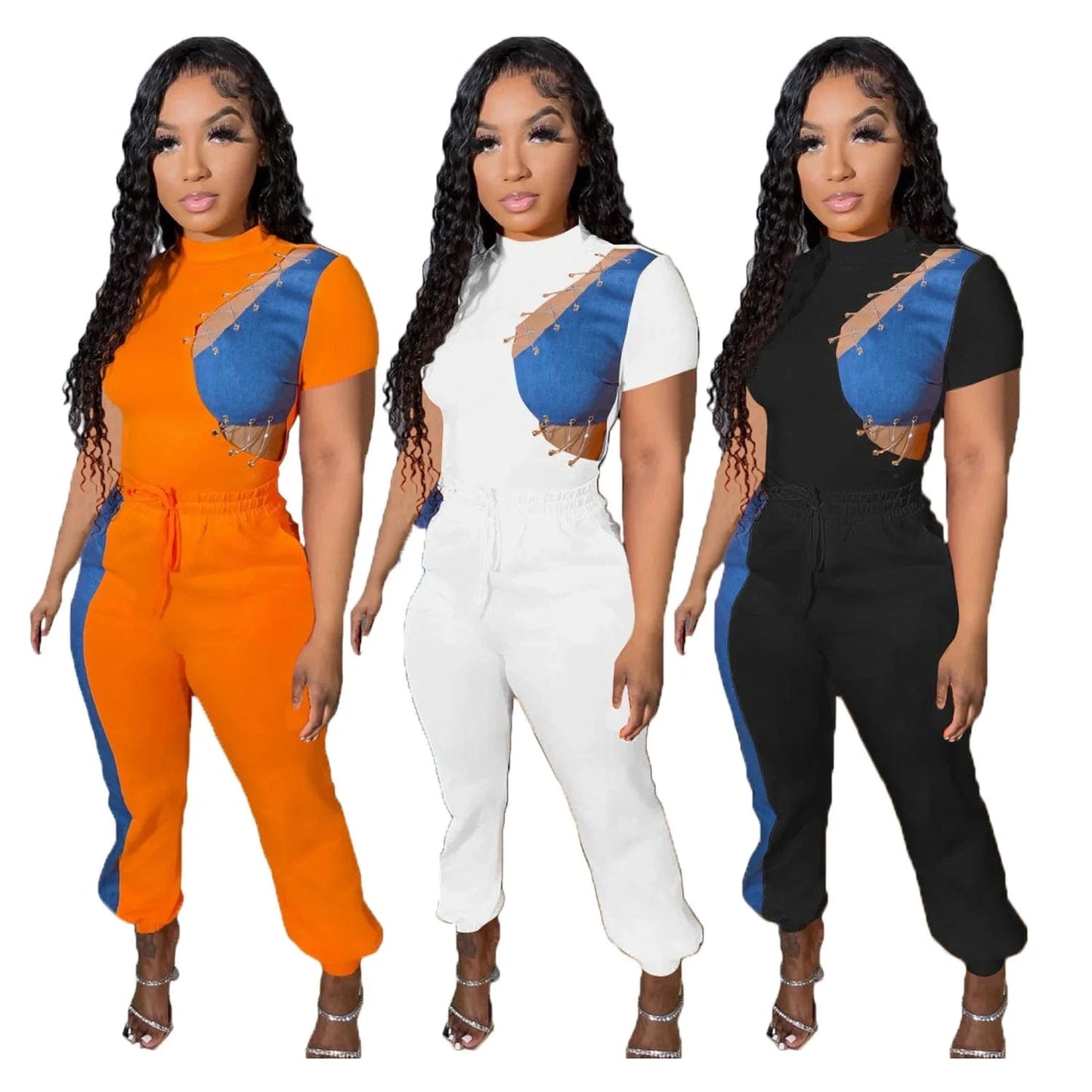 Women Going Out Outfits Spring Patchwork Jeans 2 Piece Pants Set Women Set Hollow Out Two  Piece Women