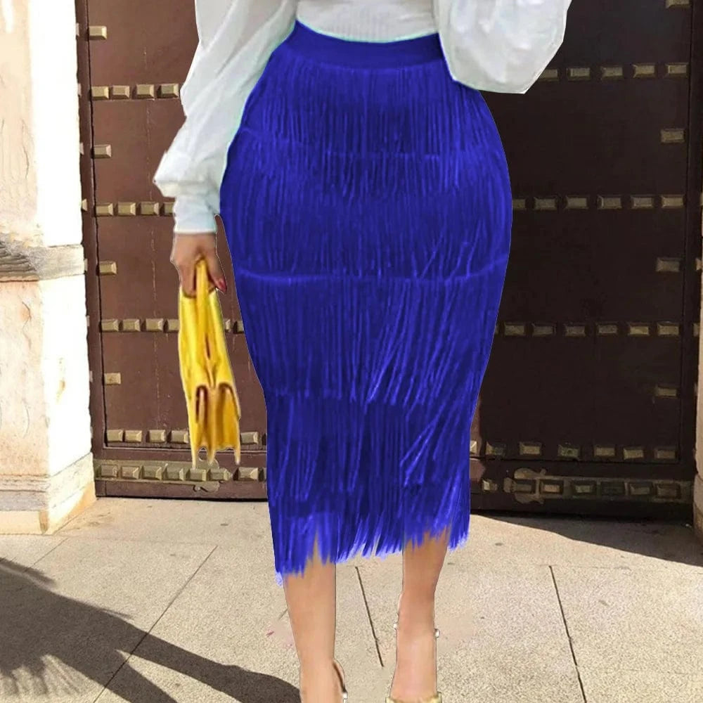 Women Green Midi Length Ladies Slim Jupe Saias Faldas Sexy Bodycon High Waist Stretch Sheath Fringe Pencil Tassel Girl Skirts