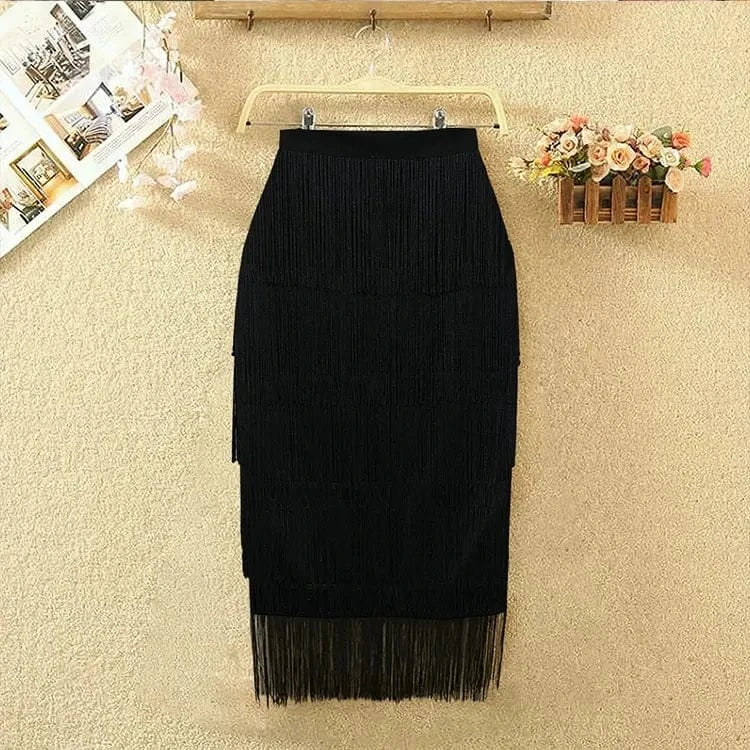 Women Green Midi Length Ladies Slim Jupe Saias Faldas Sexy Bodycon High Waist Stretch Sheath Fringe Pencil Tassel Girl Skirts