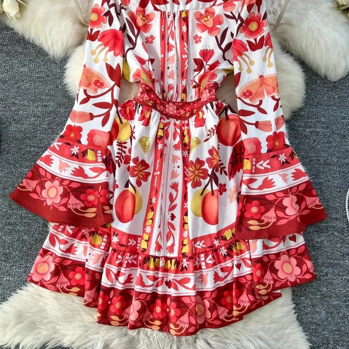 Women Holiday V Neck Flare Sleeve Single Breasted A Line Dresses Autumn Gorgeous Flower Print High Waist Beach Floral Vestidos