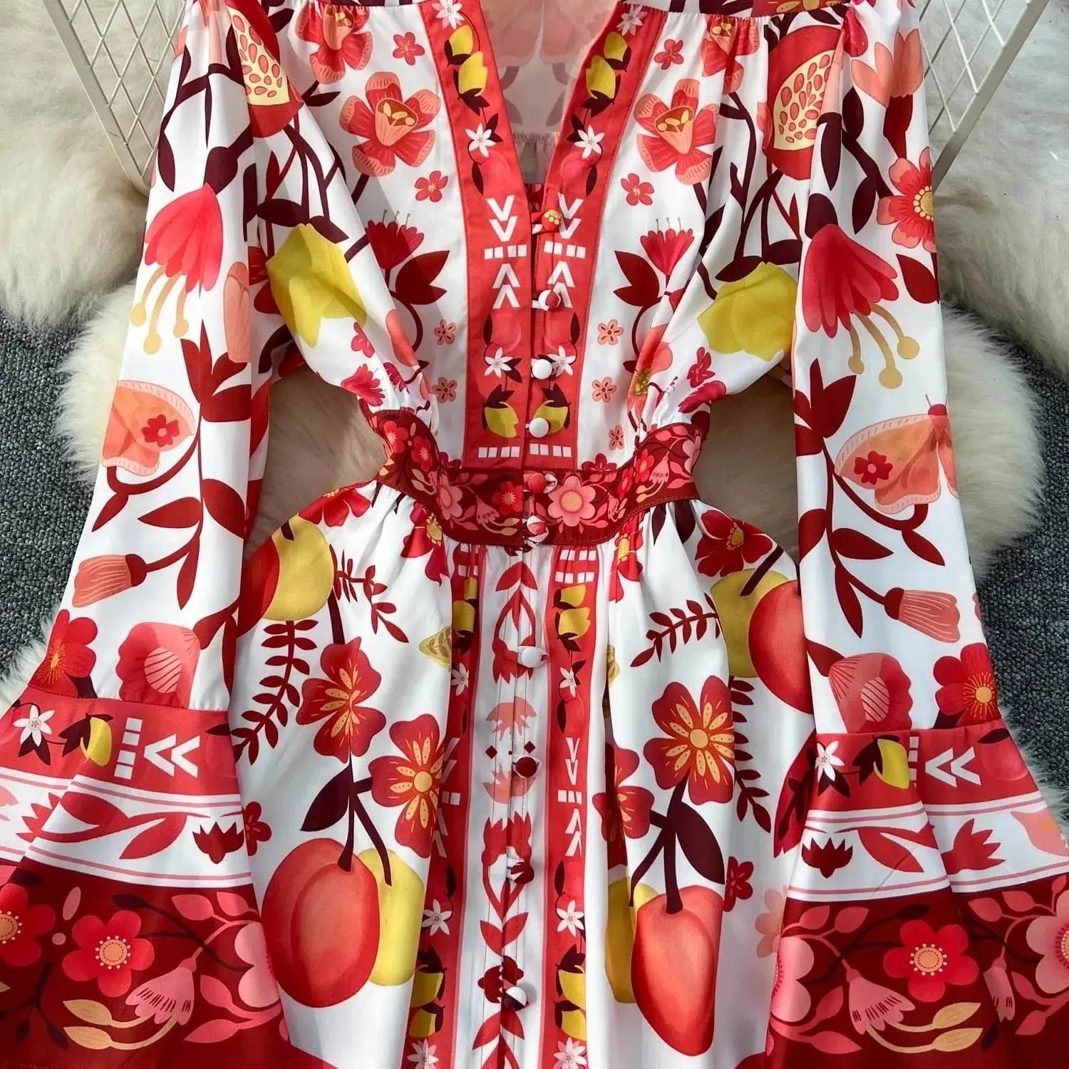 Women Holiday V Neck Flare Sleeve Single Breasted A Line Dresses Autumn Gorgeous Flower Print High Waist Beach Floral Vestidos