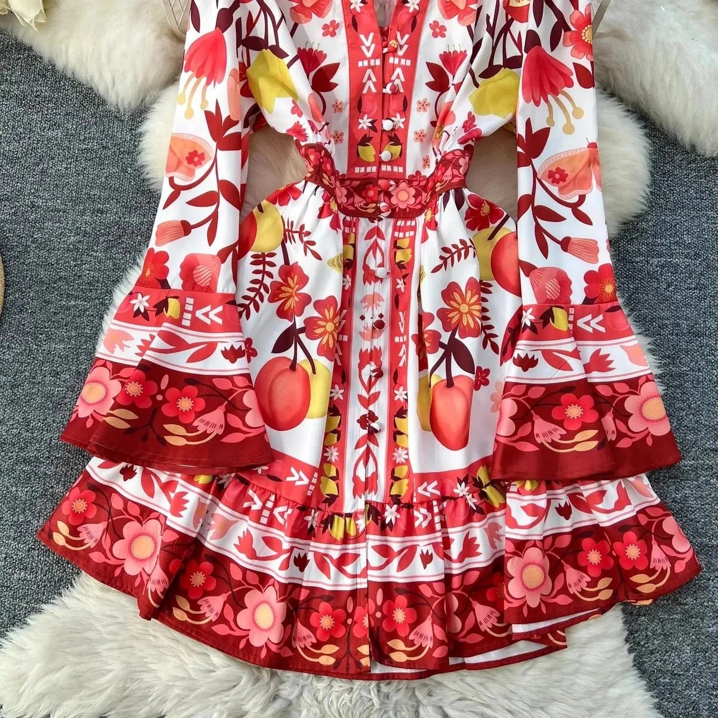 Women Holiday V Neck Flare Sleeve Single Breasted A Line Dresses Autumn Gorgeous Flower Print High Waist Beach Floral Vestidos