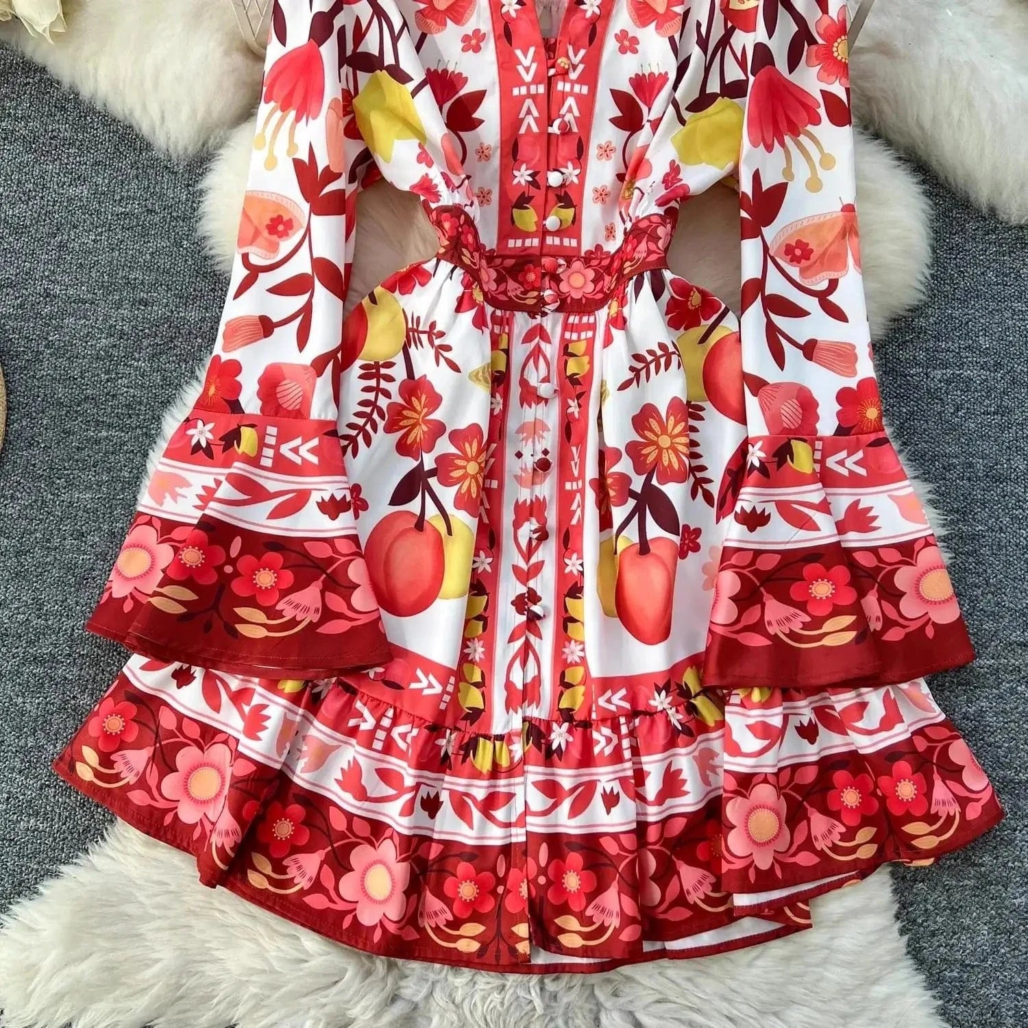 Women Holiday V Neck Flare Sleeve Single Breasted A Line Dresses Autumn Gorgeous Flower Print High Waist Beach Floral Vestidos