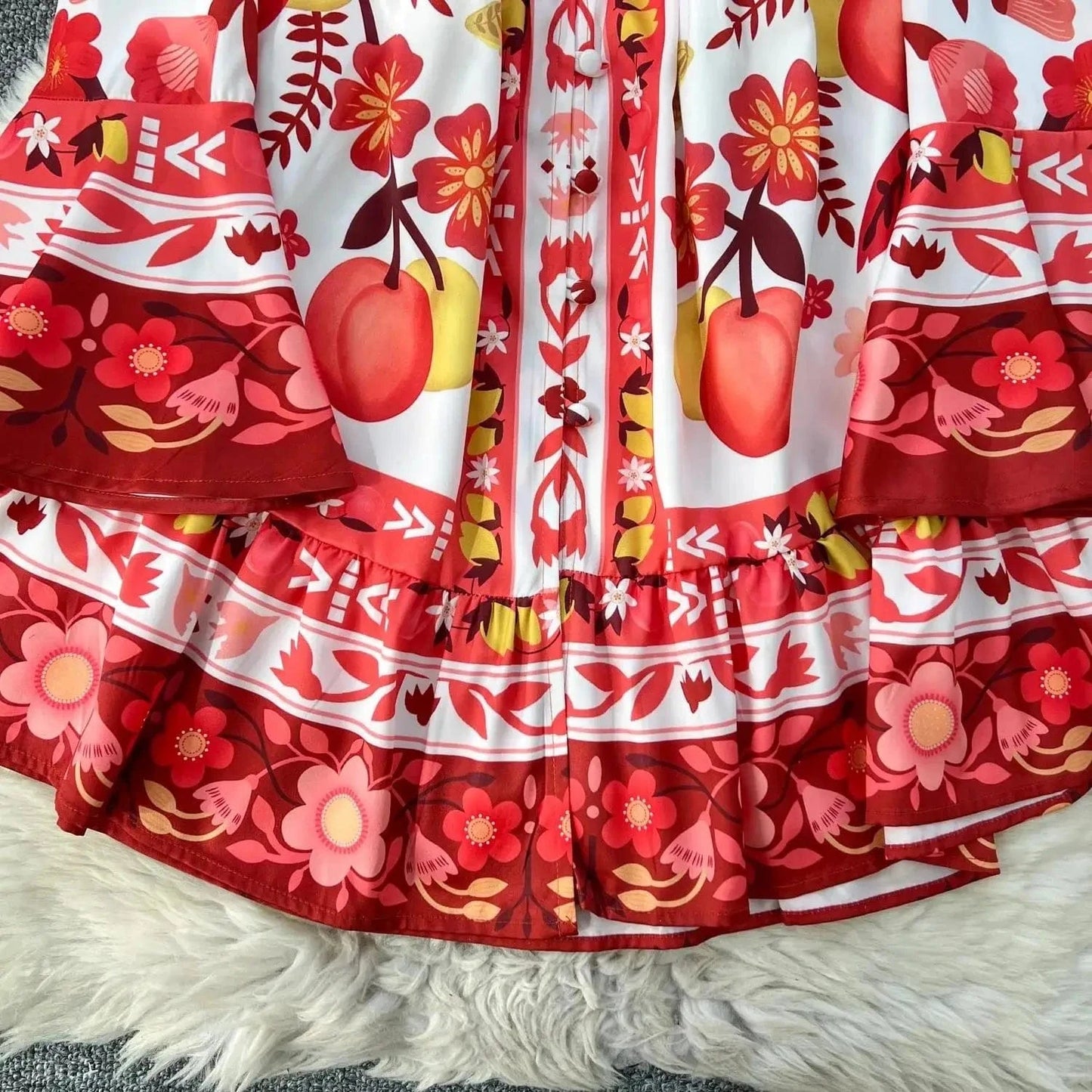 Women Holiday V Neck Flare Sleeve Single Breasted A Line Dresses Autumn Gorgeous Flower Print High Waist Beach Floral Vestidos