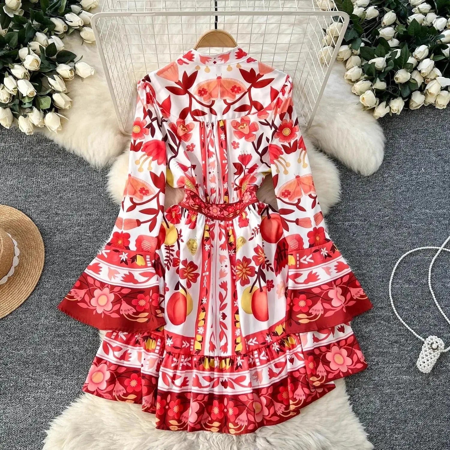 Women Holiday V Neck Flare Sleeve Single Breasted A Line Dresses Autumn Gorgeous Flower Print High Waist Beach Floral Vestidos