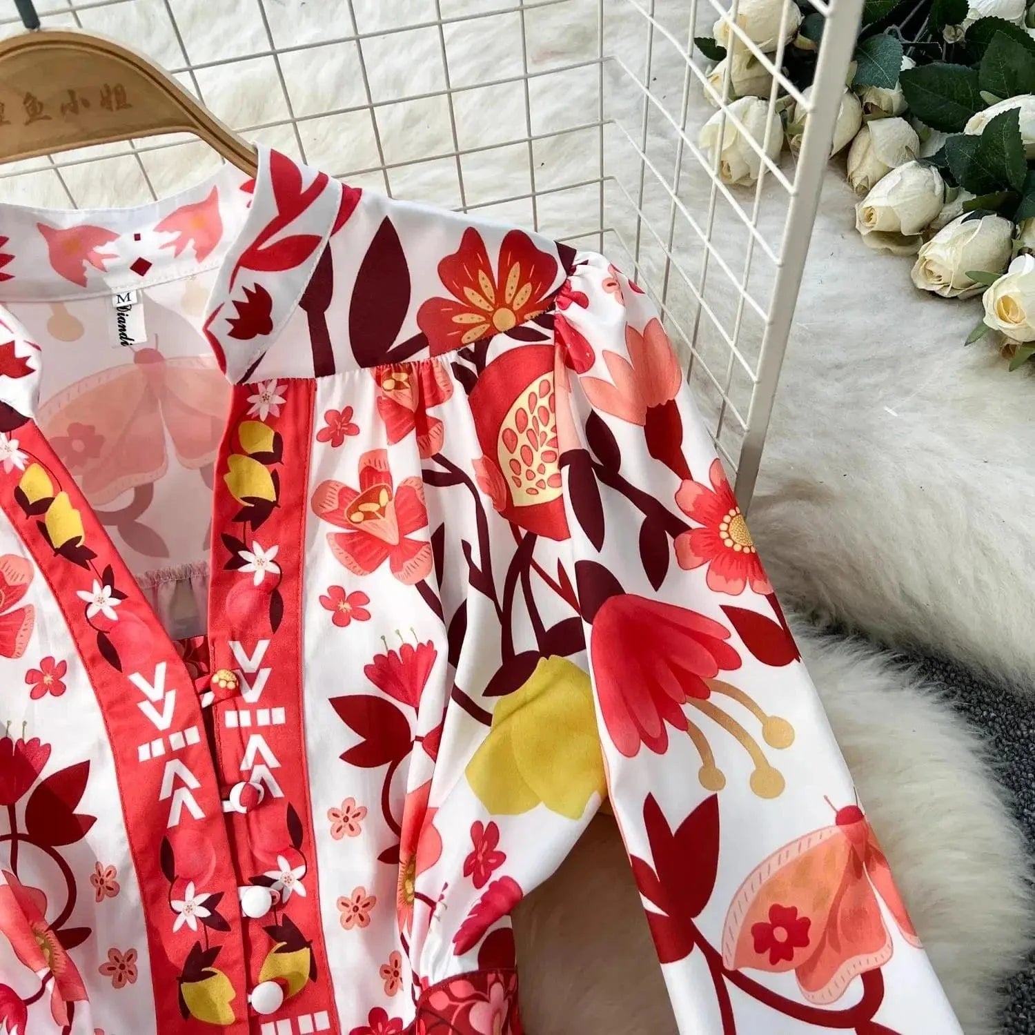 Women Holiday V Neck Flare Sleeve Single Breasted A Line Dresses Autumn Gorgeous Flower Print High Waist Beach Floral Vestidos