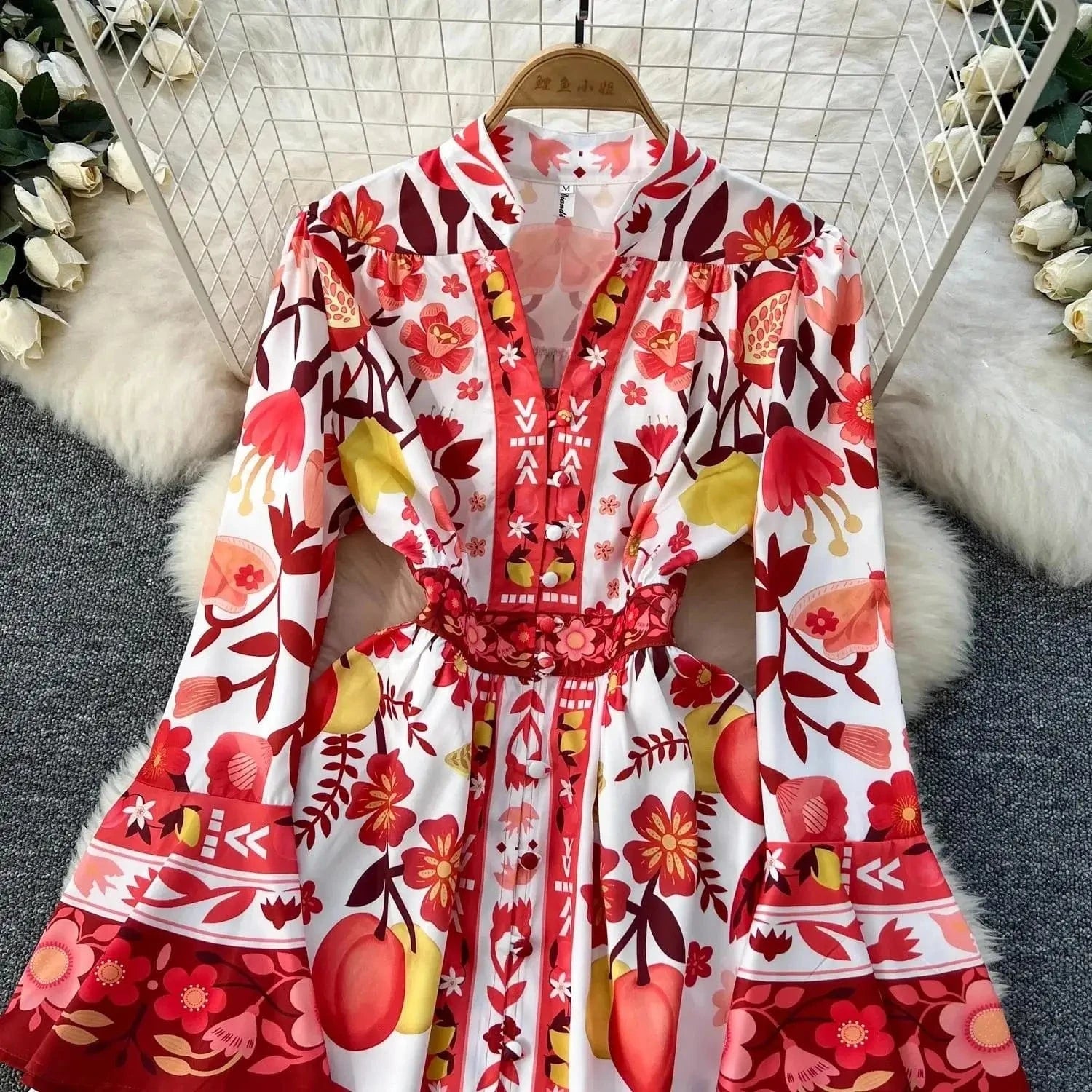 Women Holiday V Neck Flare Sleeve Single Breasted A Line Dresses Autumn Gorgeous Flower Print High Waist Beach Floral Vestidos