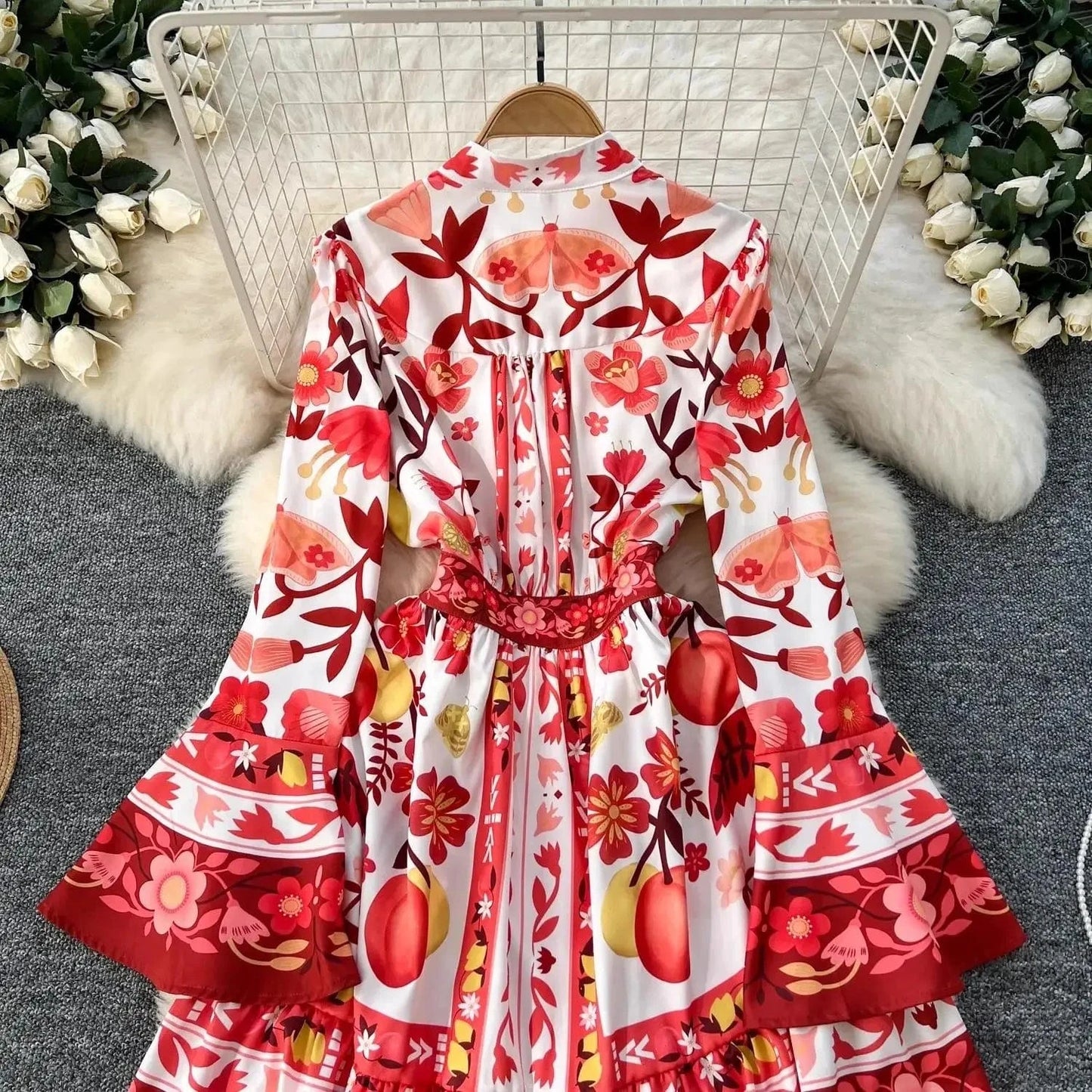 Women Holiday V Neck Flare Sleeve Single Breasted A Line Dresses Autumn Gorgeous Flower Print High Waist Beach Floral Vestidos