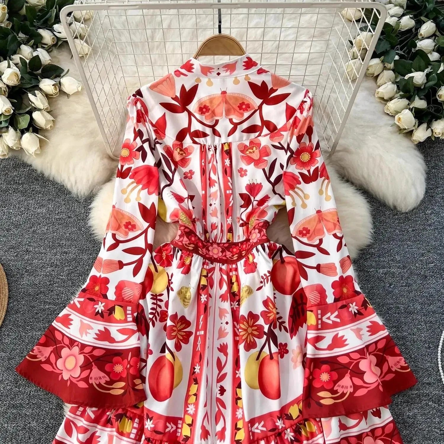 Women Holiday V Neck Flare Sleeve Single Breasted A Line Dresses Autumn Gorgeous Flower Print High Waist Beach Floral Vestidos