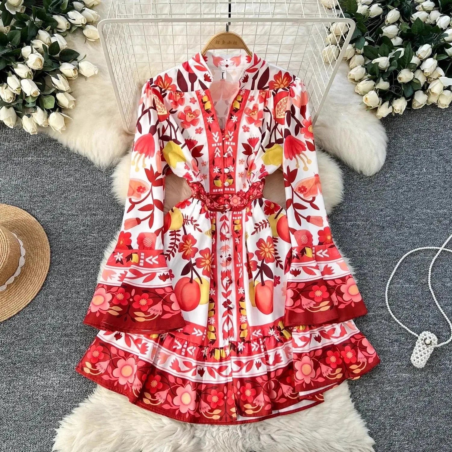 Women Holiday V Neck Flare Sleeve Single Breasted A Line Dresses Autumn Gorgeous Flower Print High Waist Beach Floral Vestidos