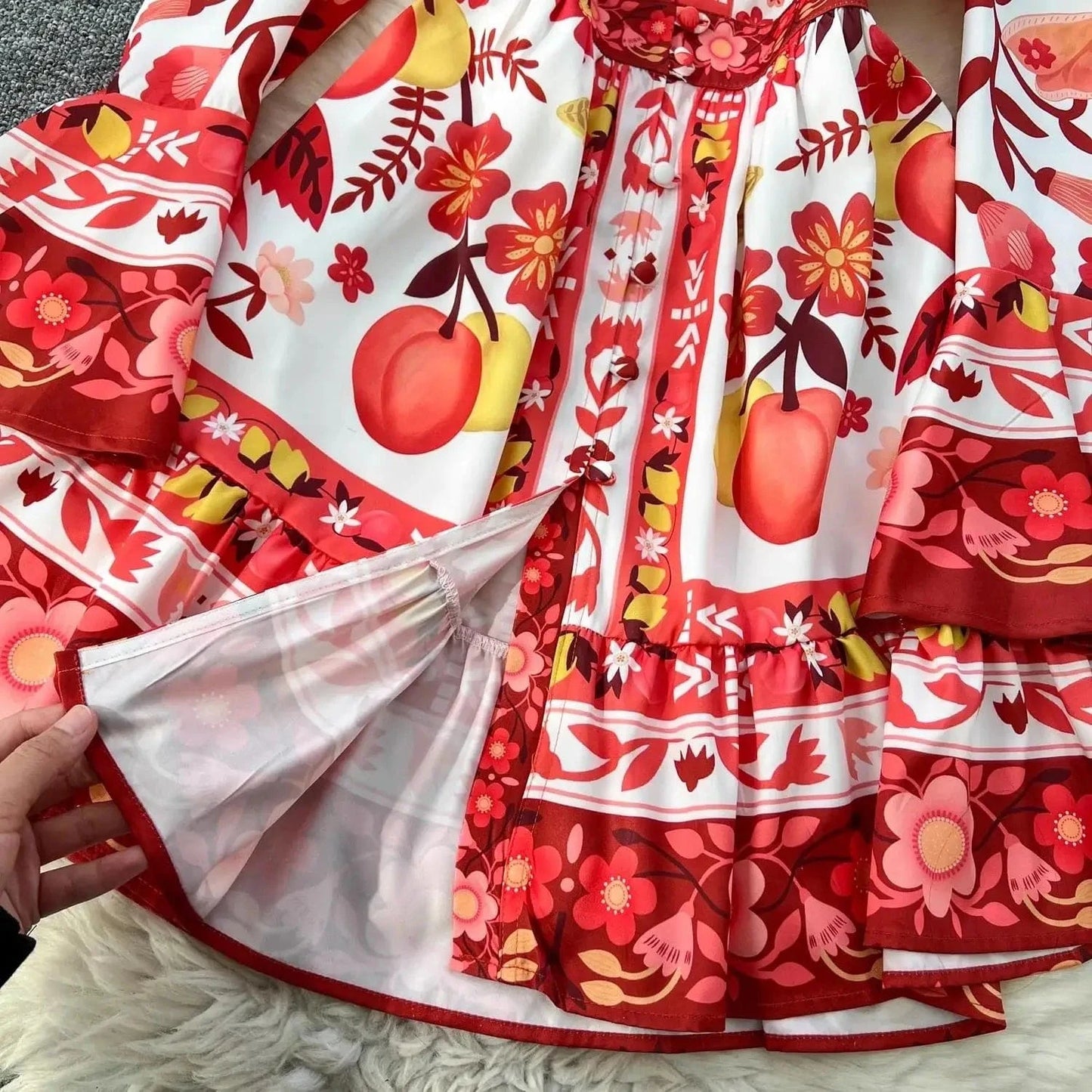 Women Holiday V Neck Flare Sleeve Single Breasted A Line Dresses Autumn Gorgeous Flower Print High Waist Beach Floral Vestidos