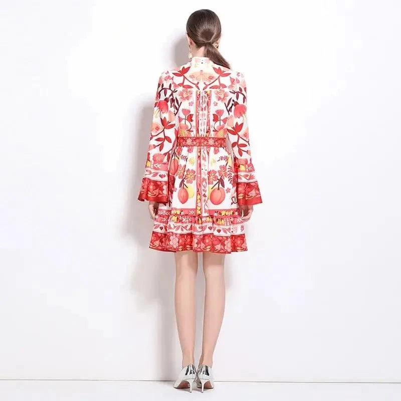 Women Holiday V Neck Flare Sleeve Single Breasted A Line Dresses Autumn Gorgeous Flower Print High Waist Beach Floral Vestidos