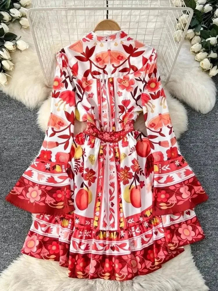 Women Holiday V Neck Flare Sleeve Single Breasted A Line Dresses Autumn Gorgeous Flower Print High Waist Beach Floral Vestidos