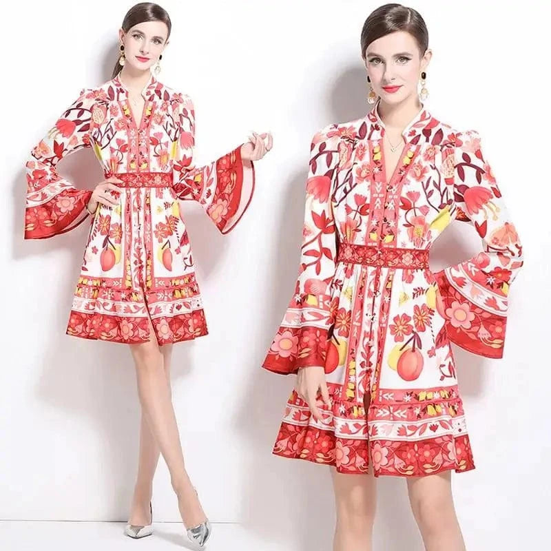 Women Holiday V Neck Flare Sleeve Single Breasted A Line Dresses Autumn Gorgeous Flower Print High Waist Beach Floral Vestidos