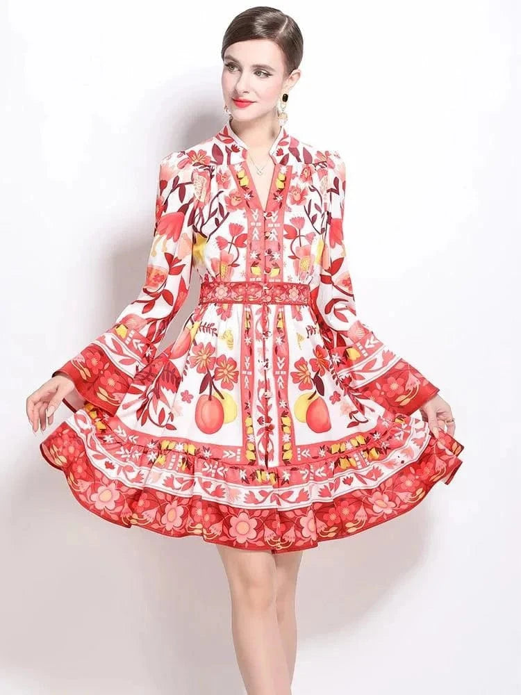 Women Holiday V Neck Flare Sleeve Single Breasted A Line Dresses Autumn Gorgeous Flower Print High Waist Beach Floral Vestidos