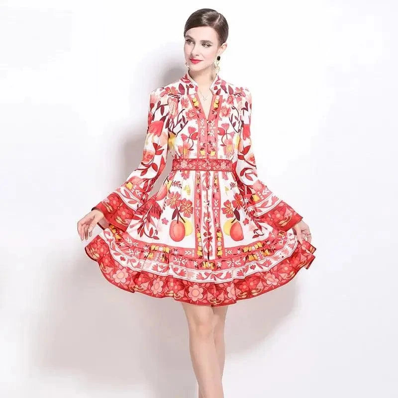 Women Holiday V Neck Flare Sleeve Single Breasted A Line Dresses Autumn Gorgeous Flower Print High Waist Beach Floral Vestidos