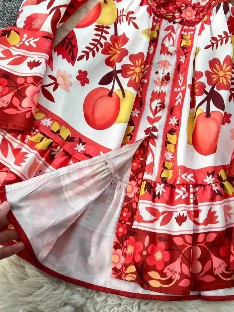 Women Holiday V Neck Flare Sleeve Single Breasted A Line Dresses Autumn Gorgeous Flower Print High Waist Beach Floral Vestidos