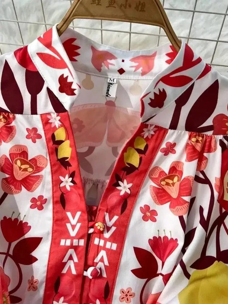 Women Holiday V Neck Flare Sleeve Single Breasted A Line Dresses Autumn Gorgeous Flower Print High Waist Beach Floral Vestidos